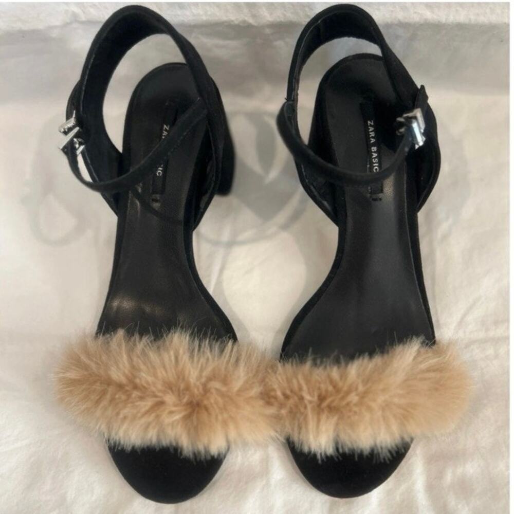 ZARA Faux Fur Fluffy Vamp Slingback Block Heels Blogger Fave Tan Black 41/ US 10 - Picture 3 of 4